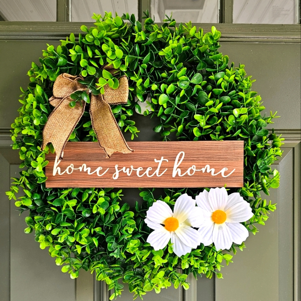 Festive Eucalyptus Daisy Wreath/ Home Sweet Home/Front Door Decor/ 17.5"X 17.5